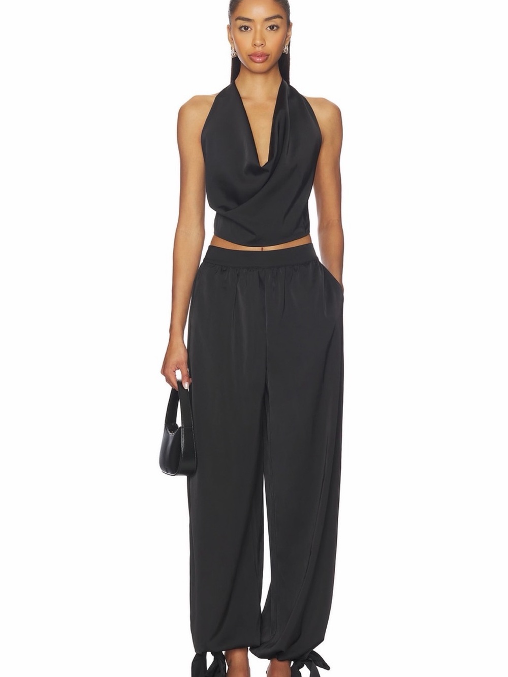 Black Draped Halter Crop Top & Wide ballon Pants Set